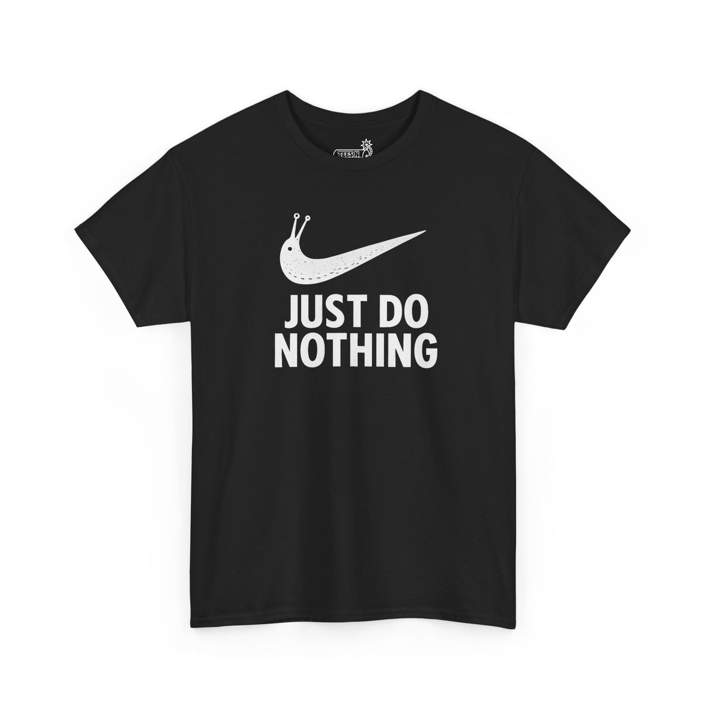 Black t-shirt with 'Just Do Nothing' text and slug swoosh graphic on black background