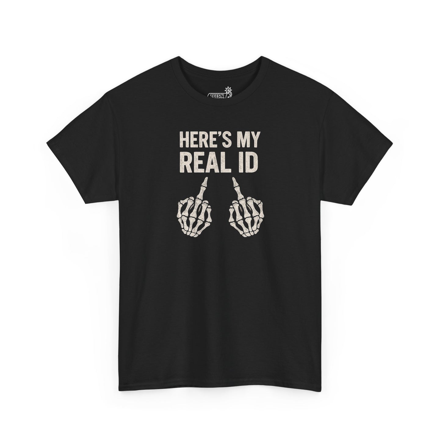 Black t-shirt with white text and skeleton hand flipping the bird graphic on white background