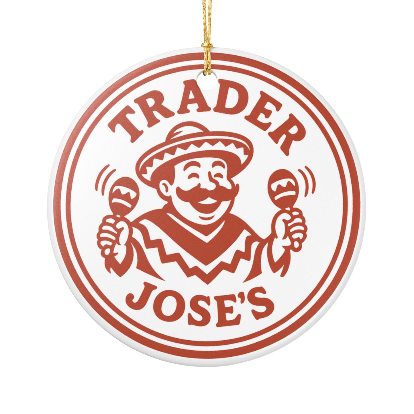 Trader Jose's logo featuring man in sombrero shaking maracas on a circular ornament with a white background