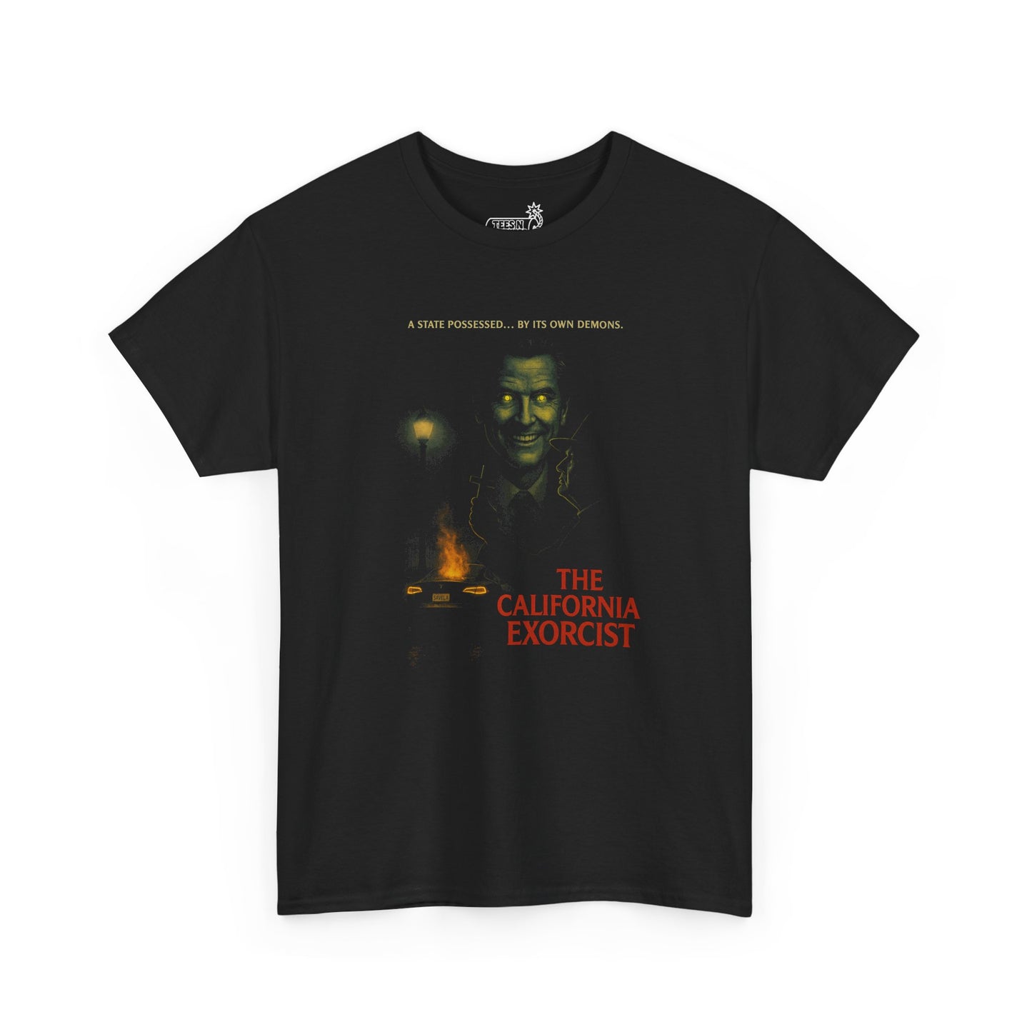 Black t-shirt with ‘California Exorcist’ text and Gavin Newsom demon and burning Tesla and Trump