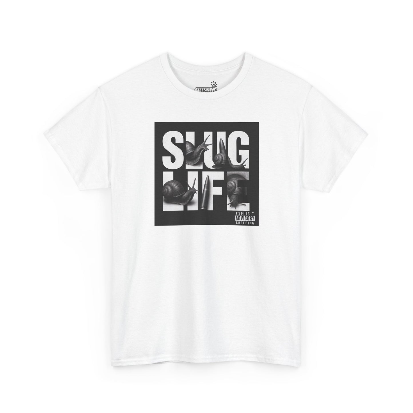 White t-shirt with album cover 'SLUG LIFE' graphic on a white background