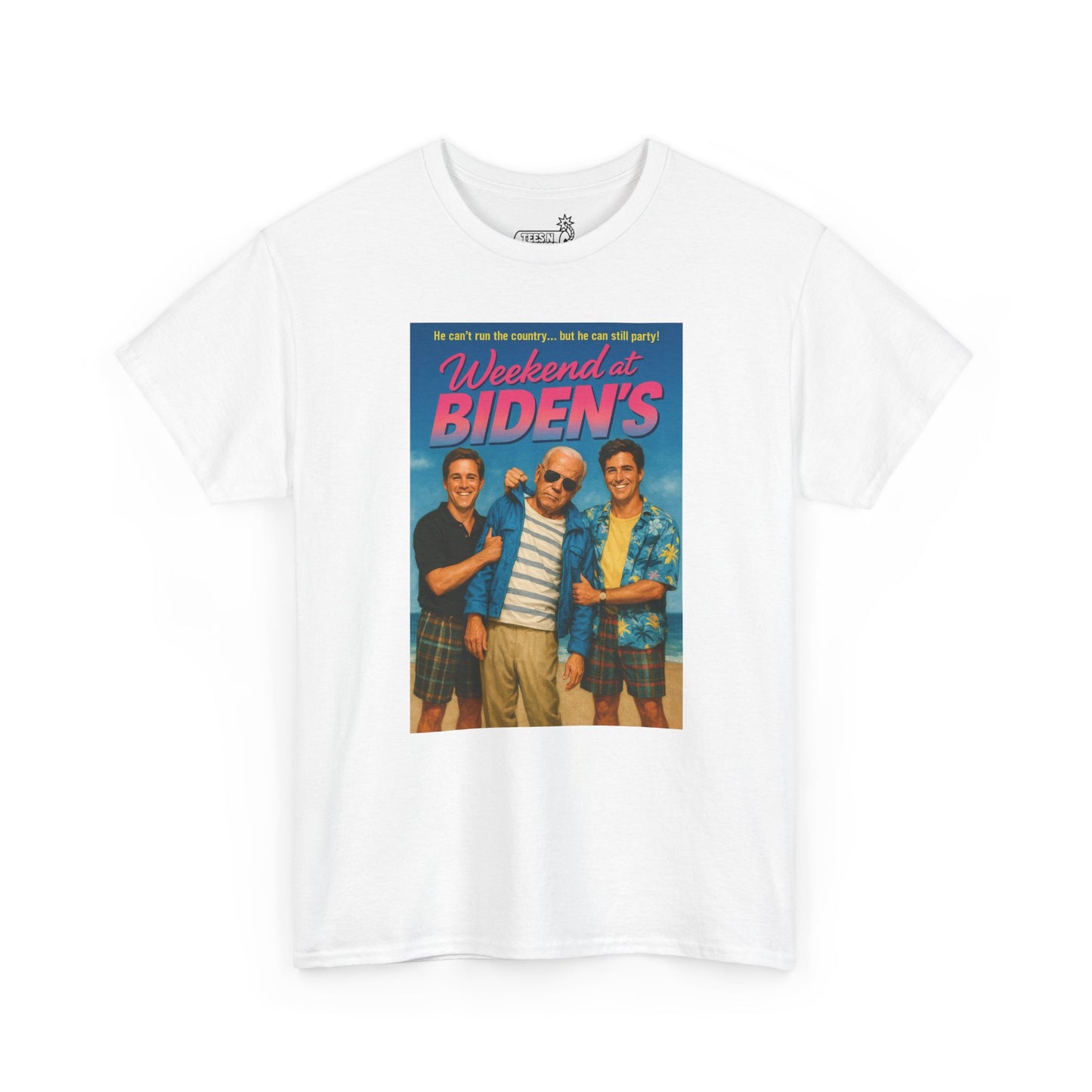 White t-shirt with 'Weekend at Biden's' graphic featuring Sleepy Joe Biden being held up by two men on white background