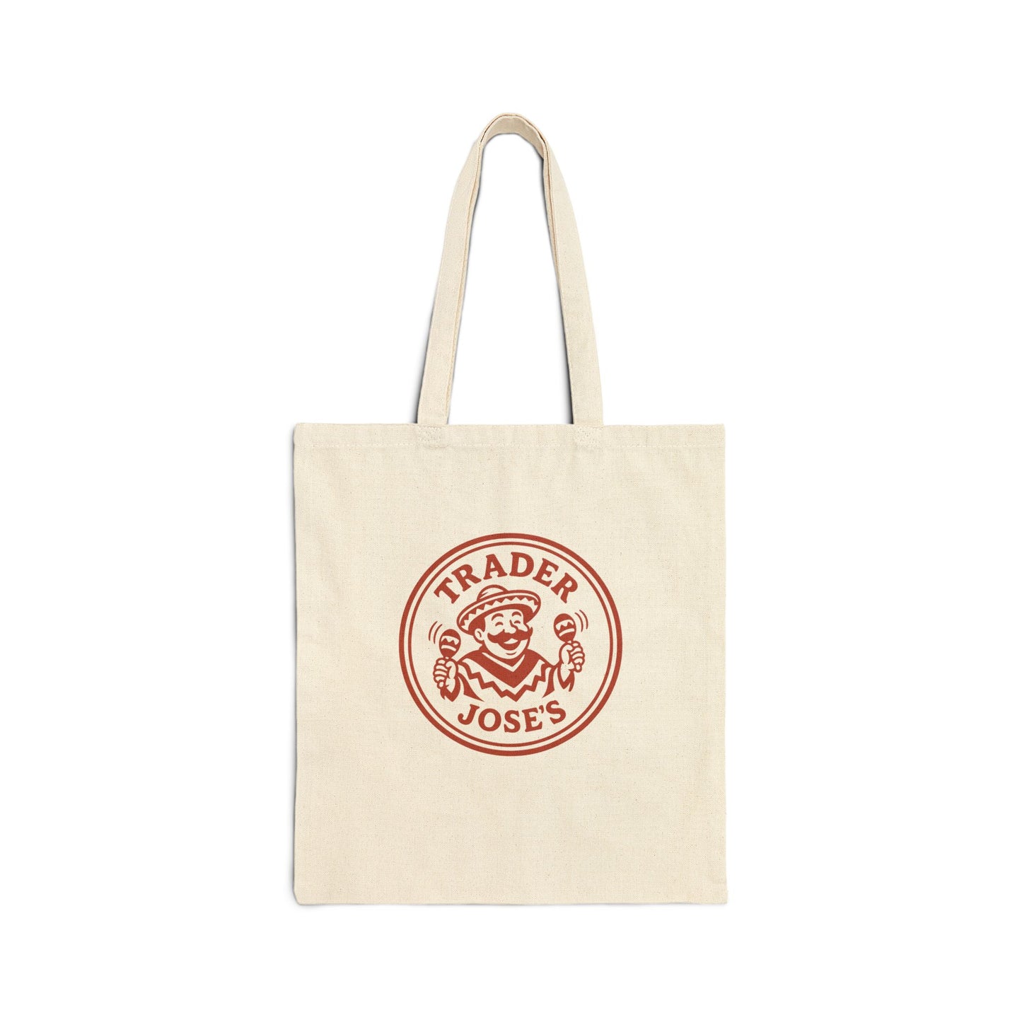 Natural tote bag with red Trader Jose's logo featuring maraca shaking man wearing sombrero on white background