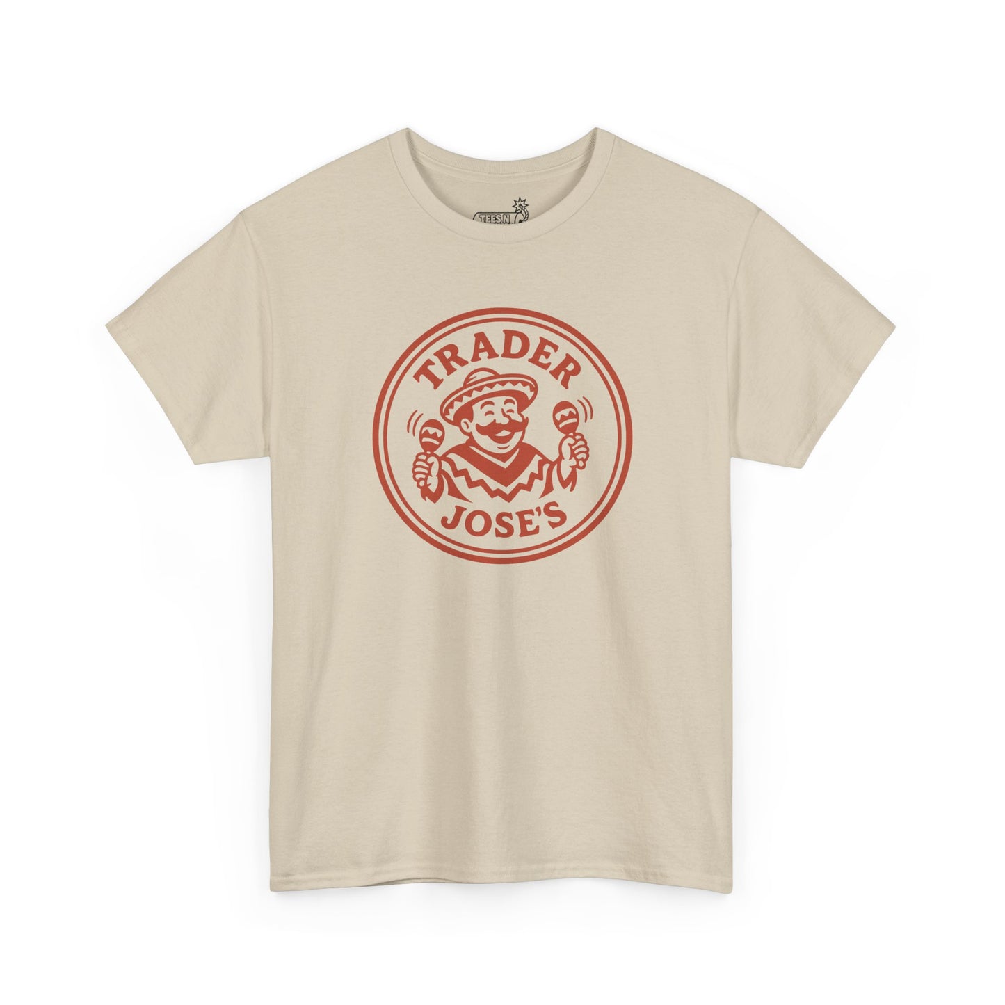 Beige t-shirt with red Trader Jose's logo featuring maraca shaking man wearing sombrero on a white background