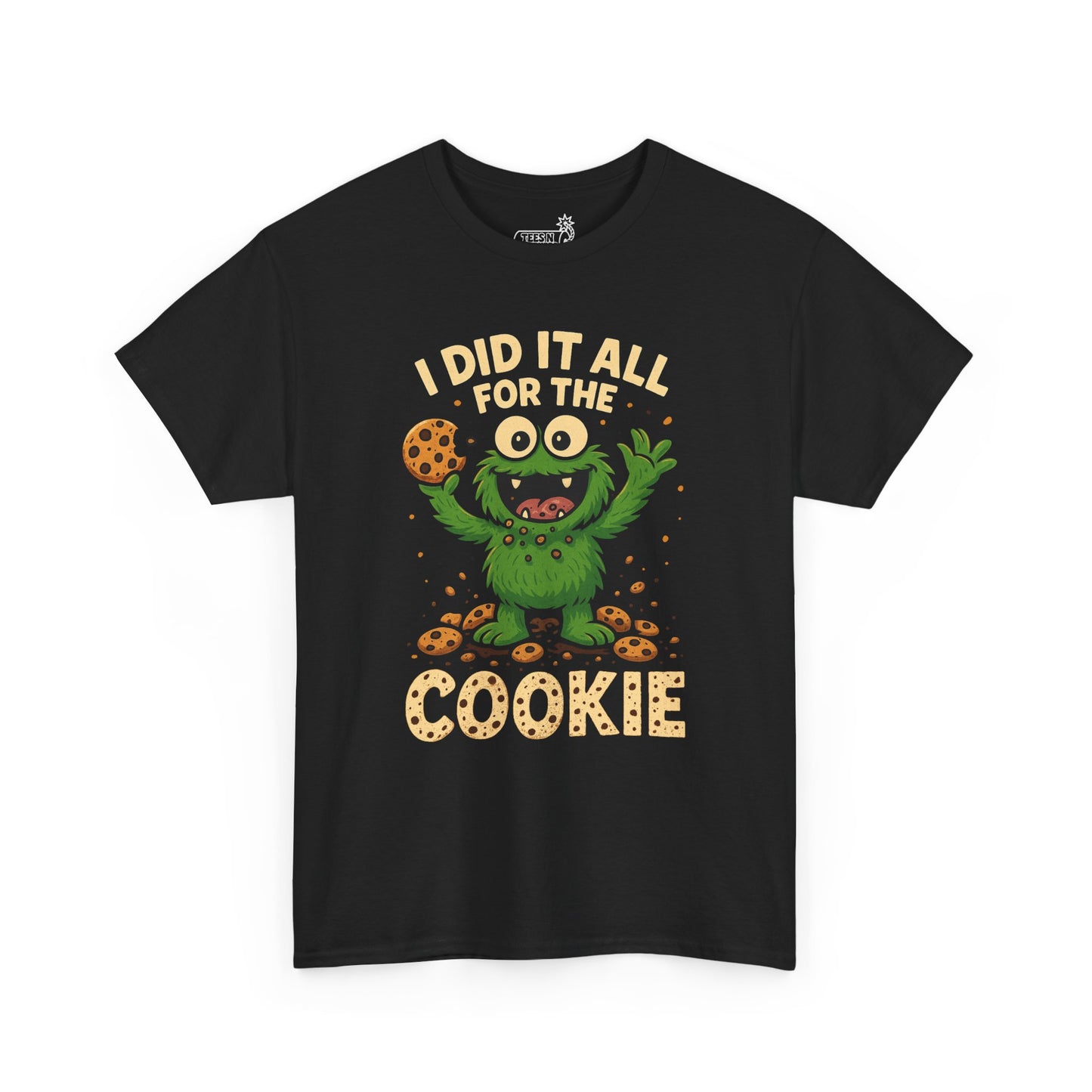 Black t-shirt with a cartoon Cookie Monster character and text 'I did it all for the cookie' on white background