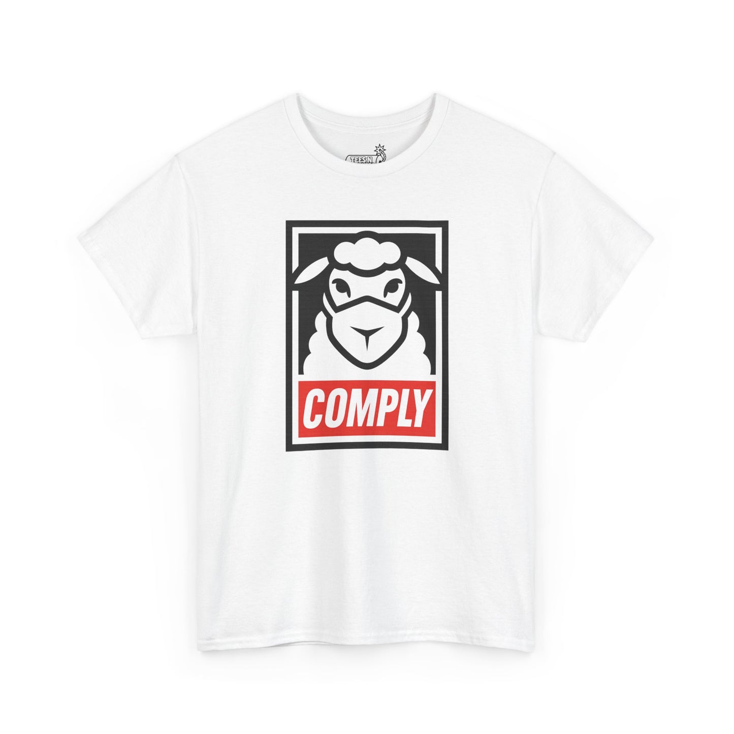 White t-shirt with stencil graphic featuring a sheep wearing Covid mask and 'COMPLY' text.
