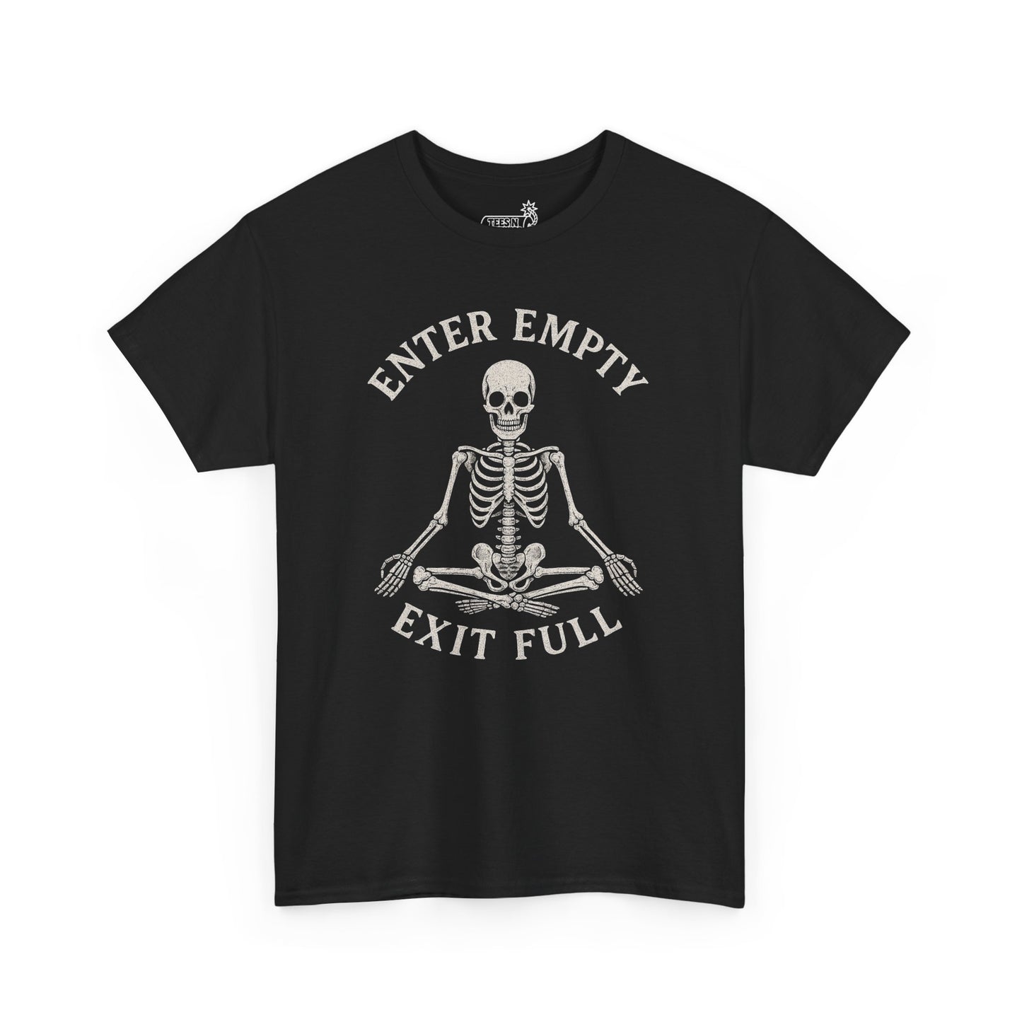Black t-shirt with a meditating skeleton design and text 'Enter Empty Exit Full' on a white background
