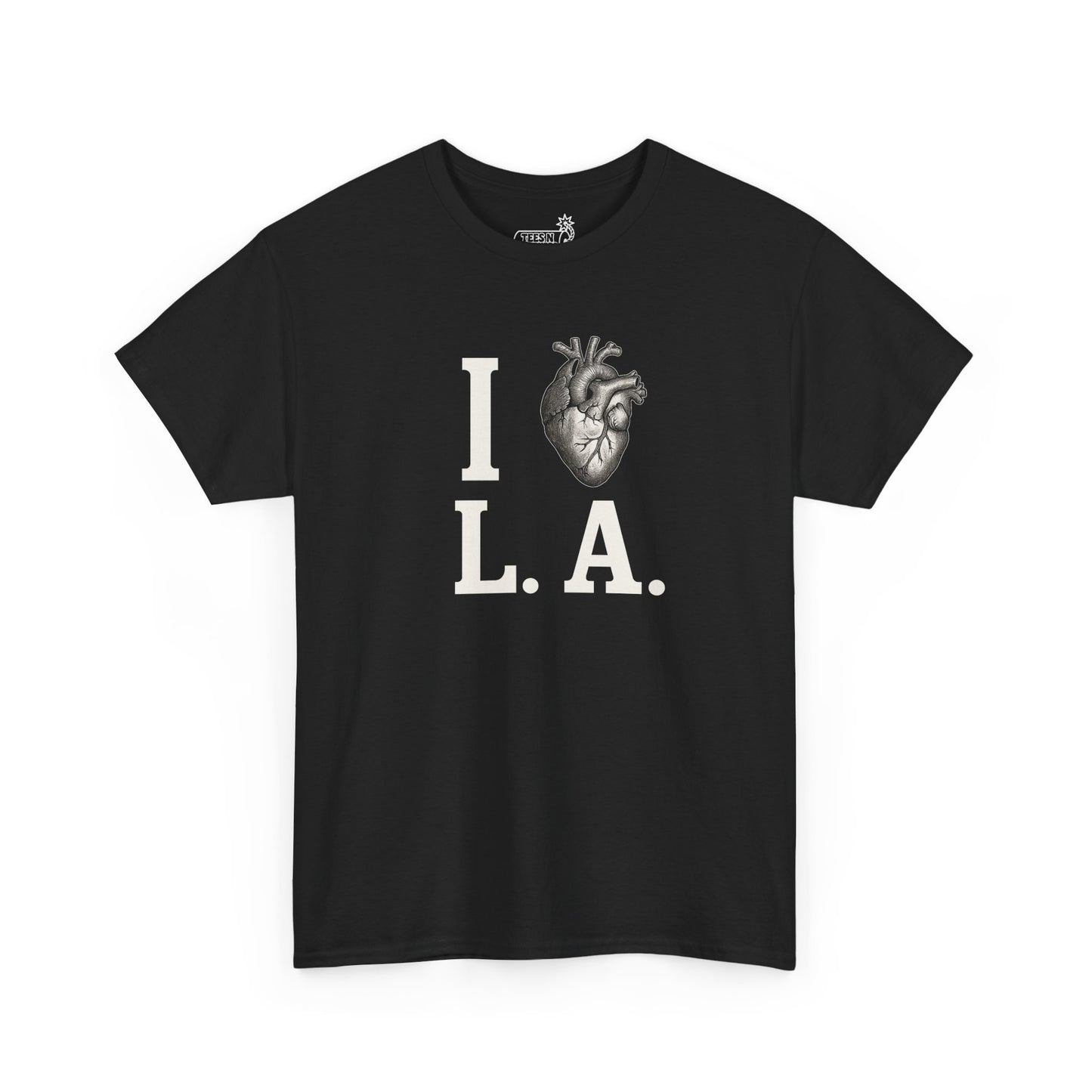 Black t-shirt with 'I ❤️ L.A.' and anatomical heart graphic on white background