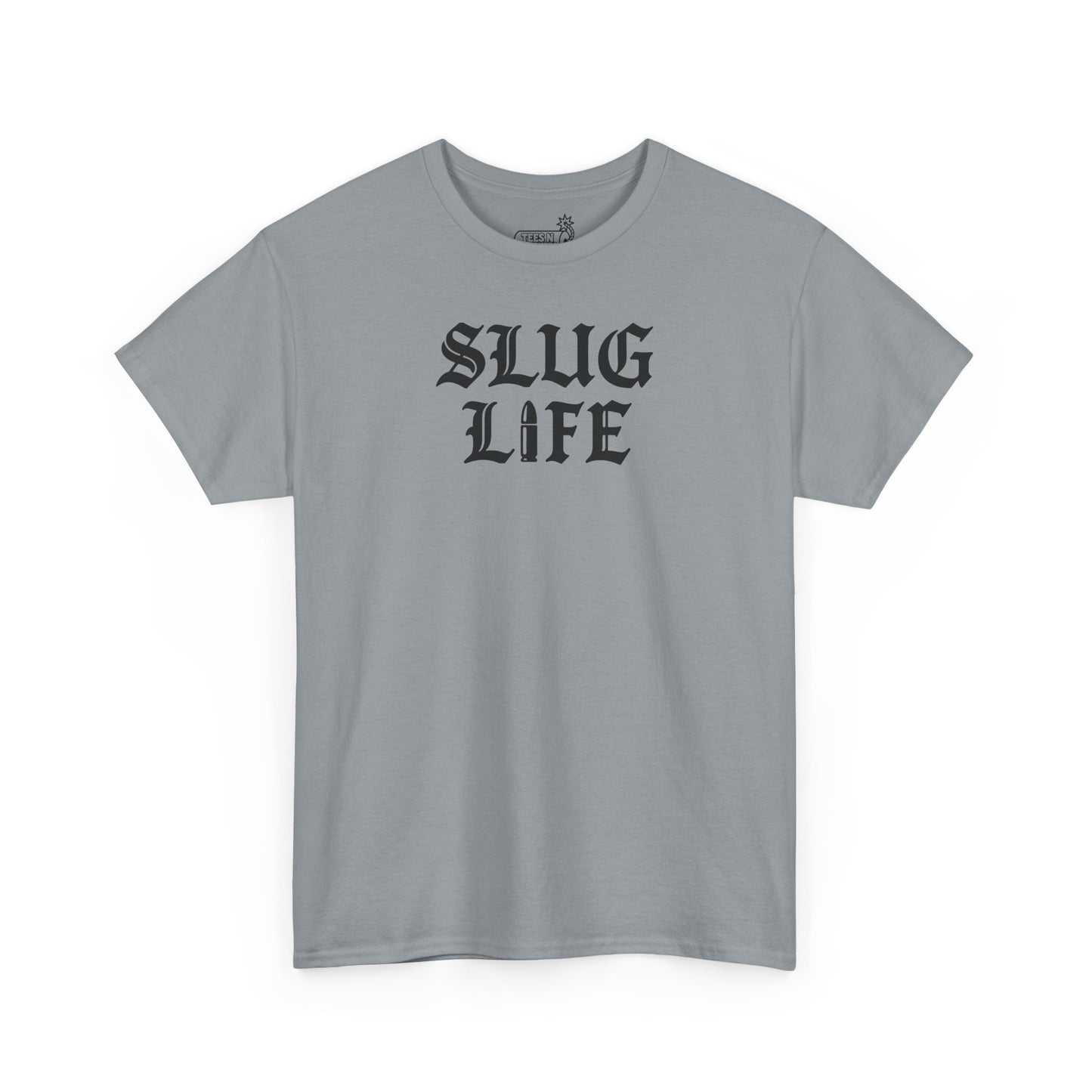 Gray t-shirt with 'SLUG LIFE' text on a white background