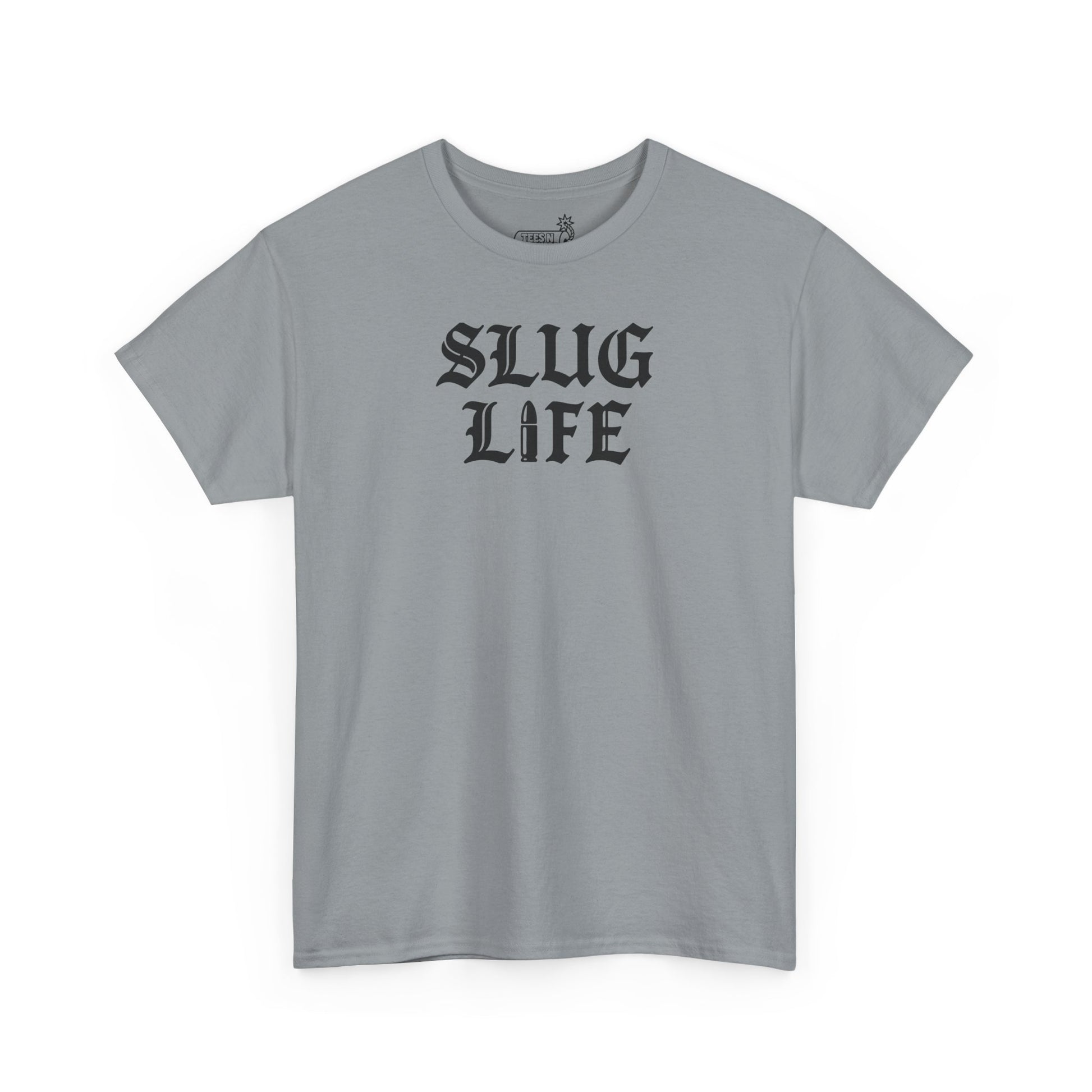 Gray t-shirt with 'SLUG LIFE' text on a white background