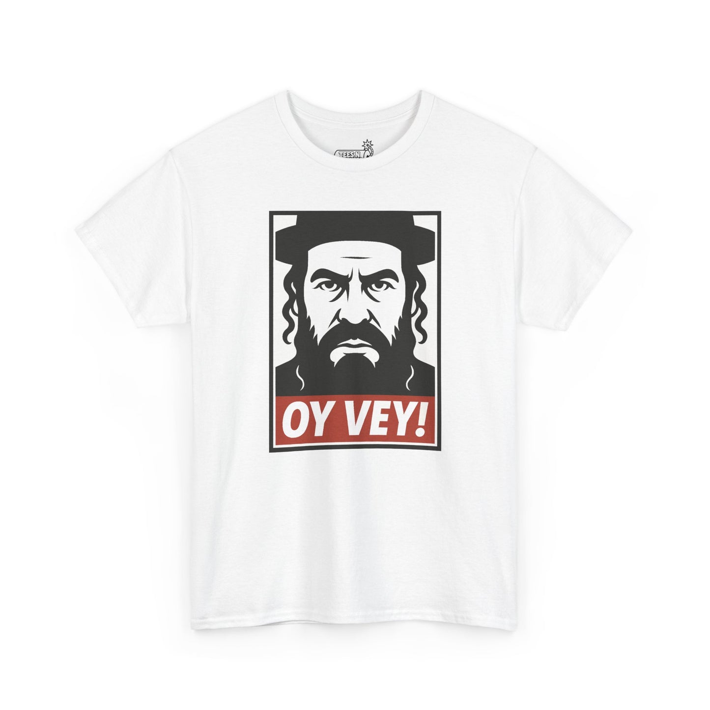 White t-shirt with a stencil graphic of a Jewish man with a beard and 'OY VEY!' text on white background