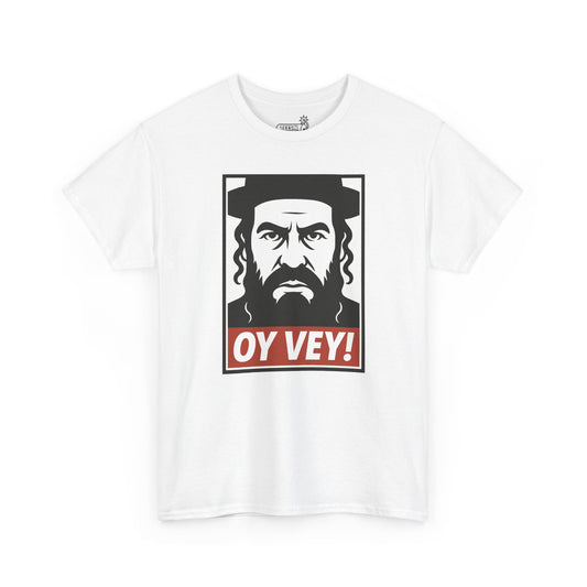 White t-shirt with a stencil graphic of a Jewish man with a beard and 'OY VEY!' text on white background