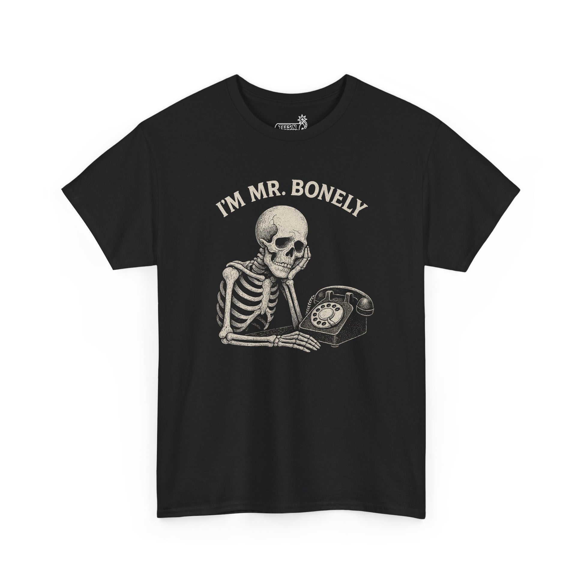 Black t-shirt with ‘I’m Mr. Bonely’ text and sad skeleton next to rotary phone