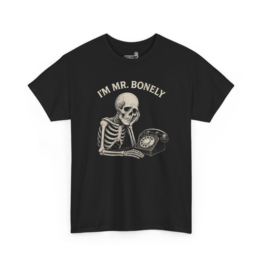 Black t-shirt with ‘I’m Mr. Bonely’ text and sad skeleton next to rotary phone