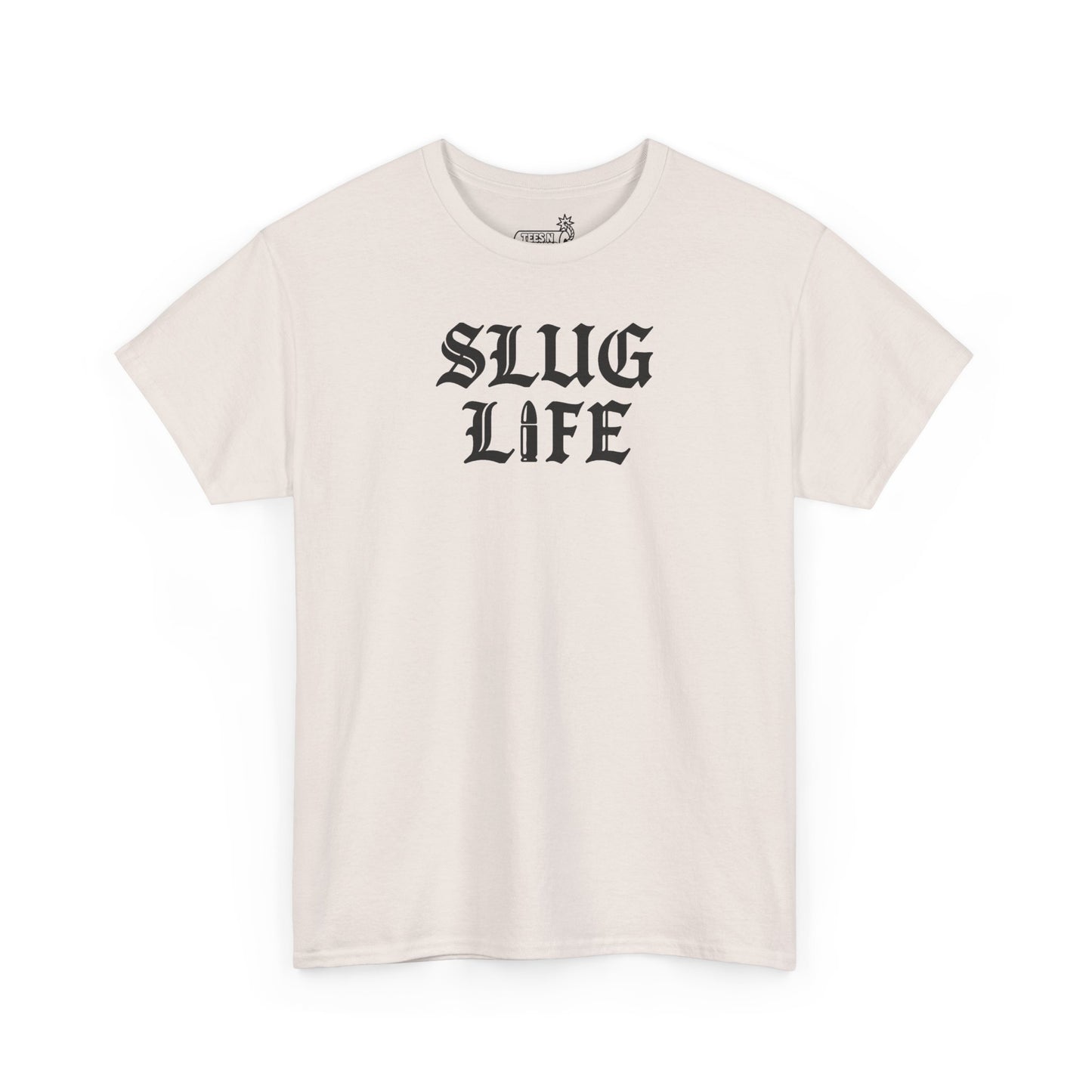 Beige t-shirt with 'SLUG LIFE' text on a white background