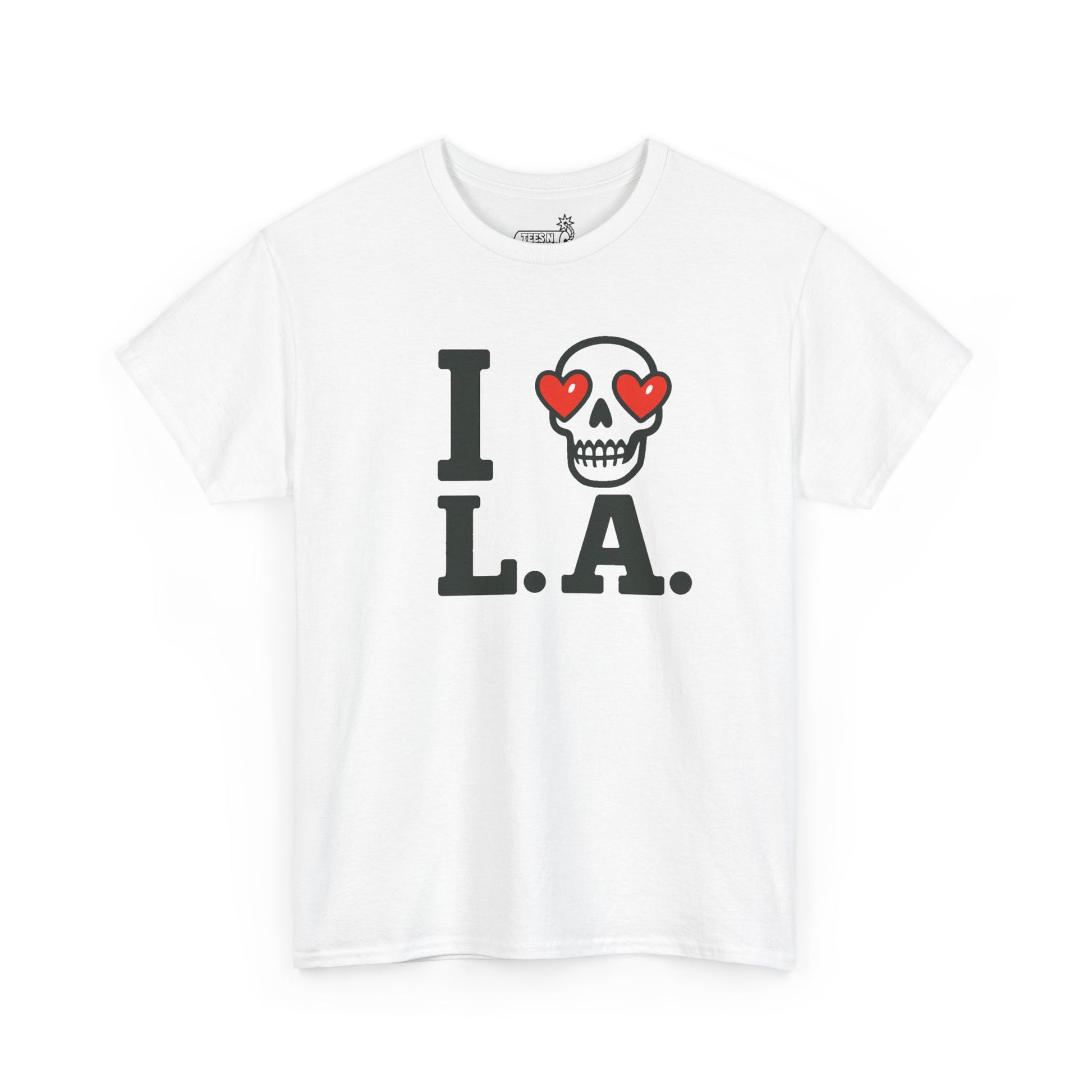 White t-shirt with 'I ❤️ L.A.' skull emoji design on a white background