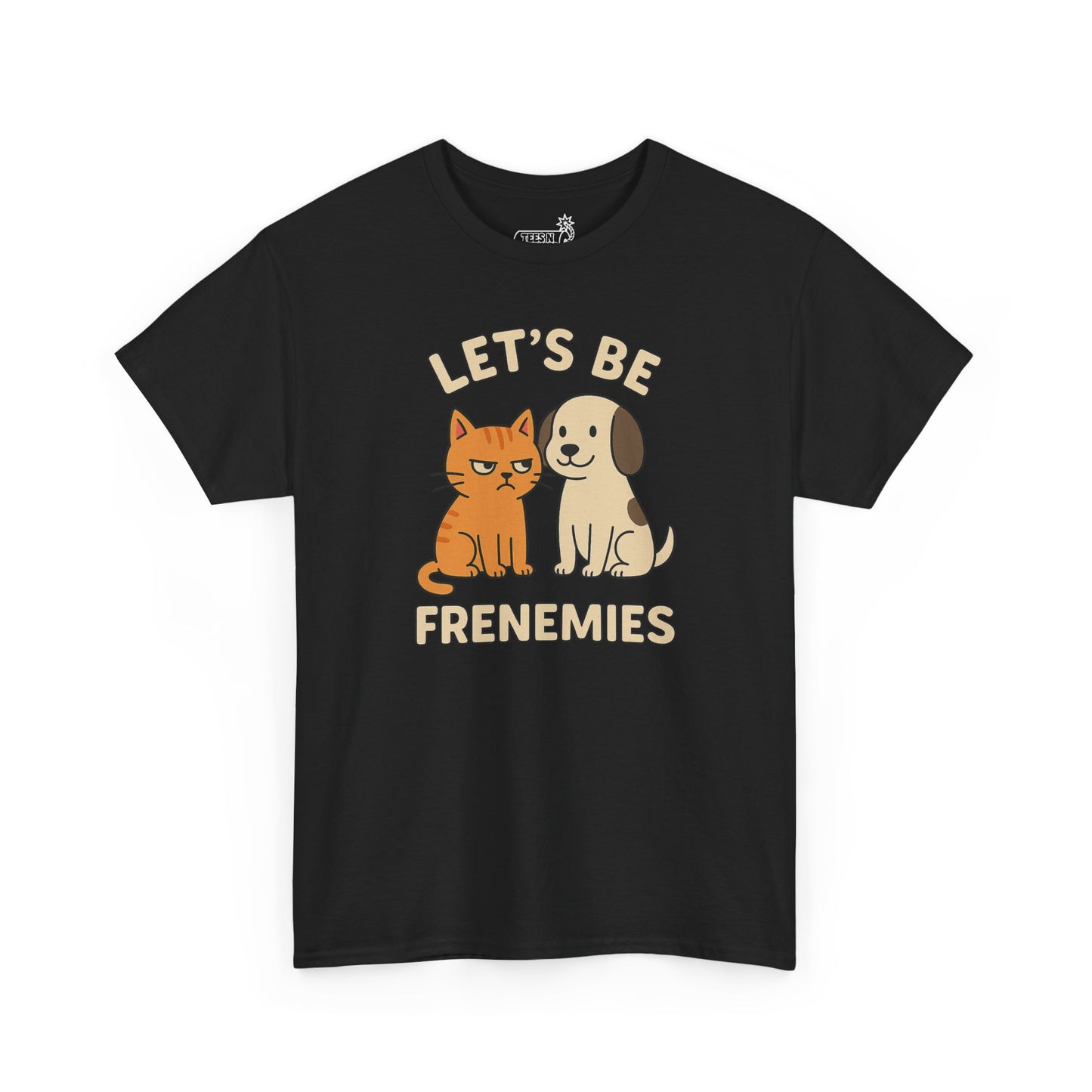 Black t-shirt with a cat and dog graphic and text 'Let's Be Frenemies' on a white background