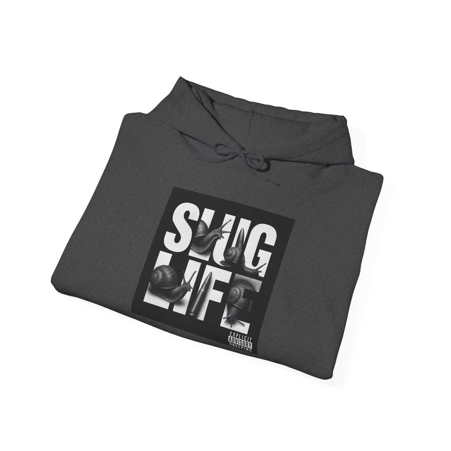 Folded gray hoodie with 'SLUG LIFE' graphic design on a white background