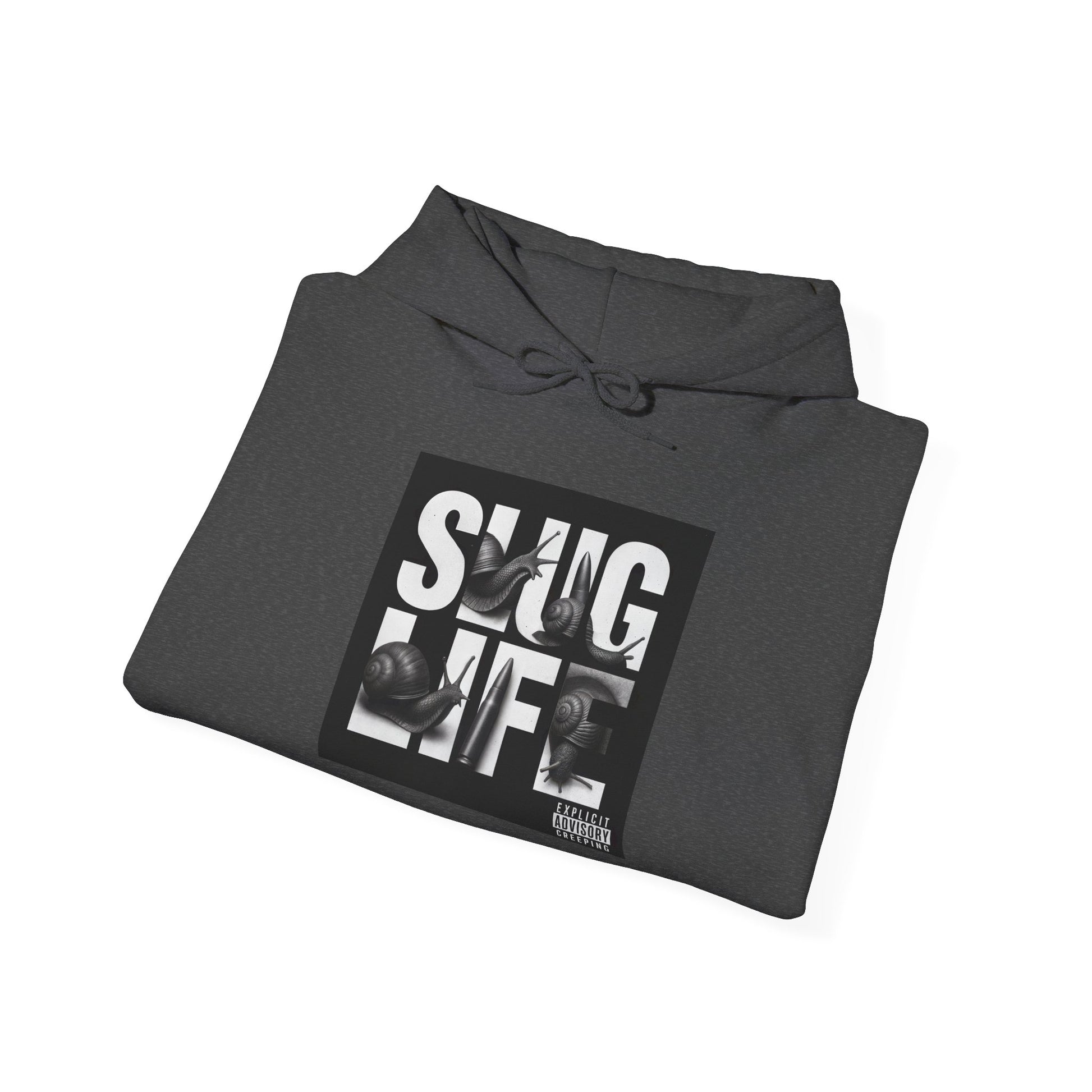 Folded gray hoodie with 'SLUG LIFE' graphic design on a white background