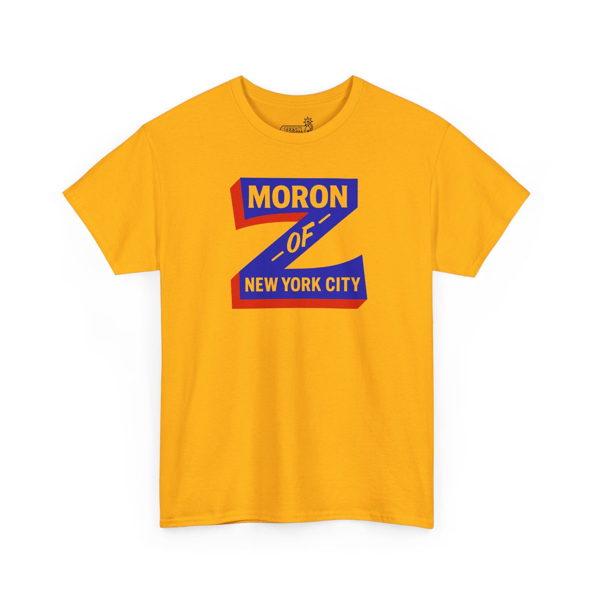 Yellow t-shirt with 'Moron of New York City' inside letter Z graphic on white background 