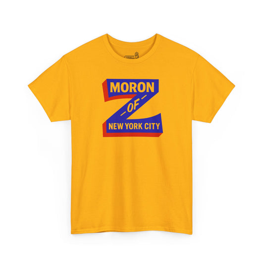 Yellow t-shirt with 'Moron of New York City' inside letter Z graphic on white background 