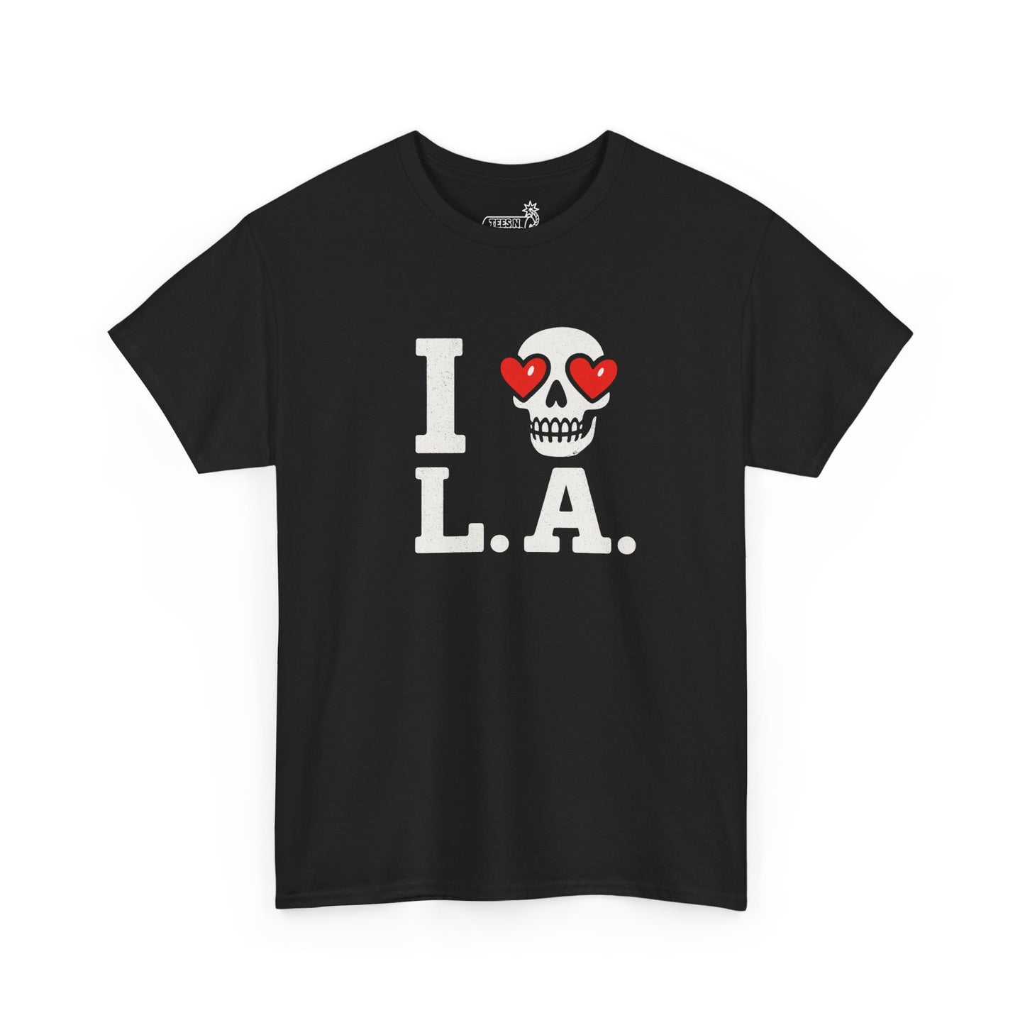 Black t-shirt with 'I ❤️ L.A.' skull emoji design on a white background