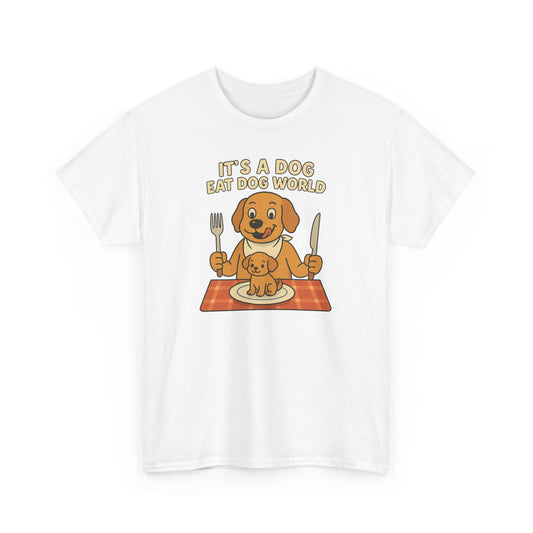 White t-shirt with a cartoon dog design and text ‘It’s a dog eat dog world’ on a white background