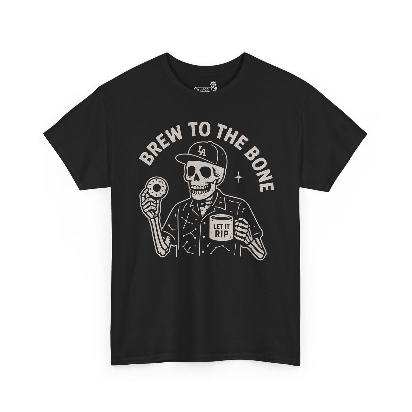 Black t-shirt with a graphic design of a skeleton holding a coffee cup and donut, with text 'Brew to the Bone' 