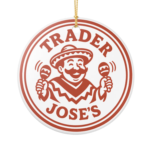 Trader Jose's logo featuring man in sombrero shaking maracas on a circular ornament with a white background