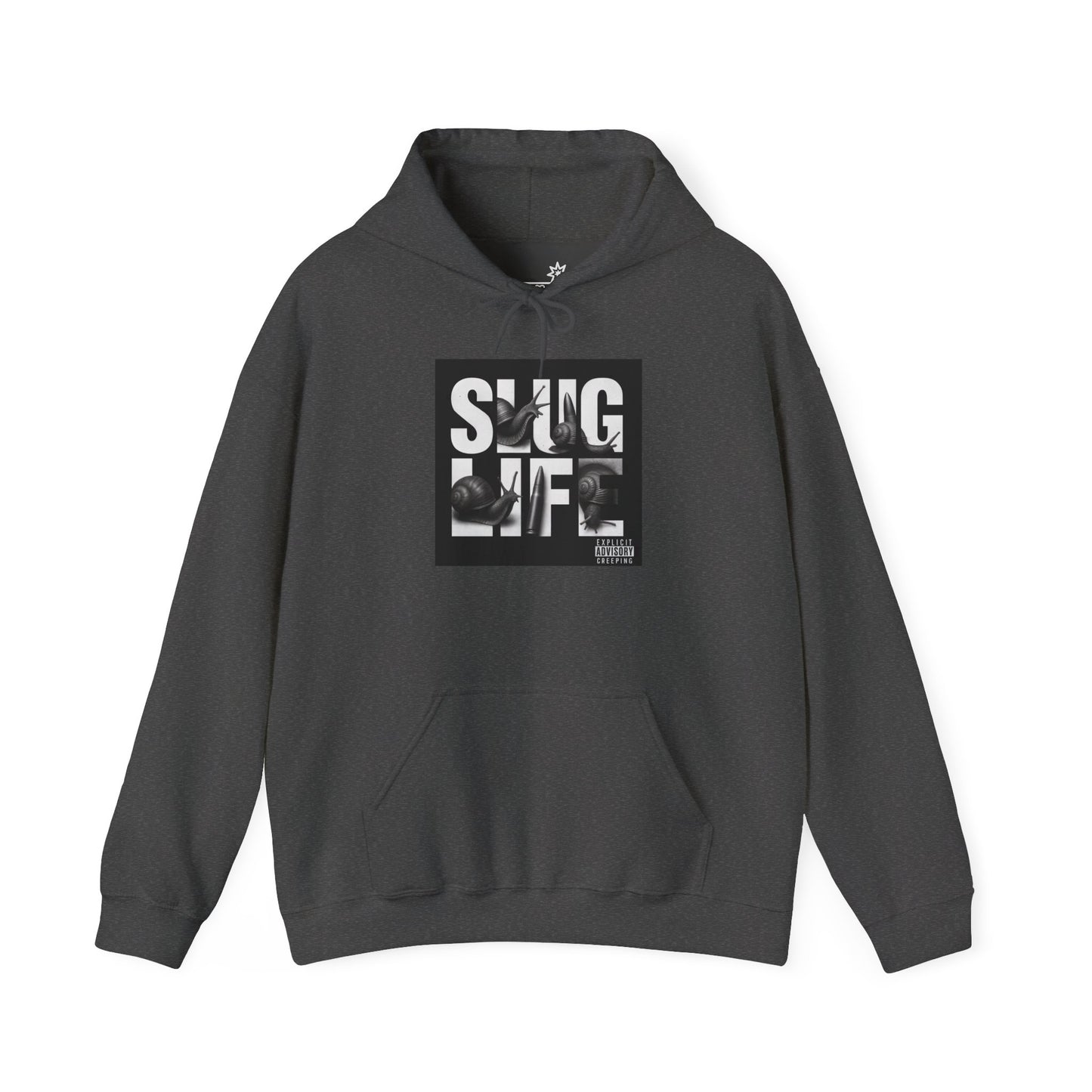 Gray hoodie with 'SLUG LIFE' graphic on a white background