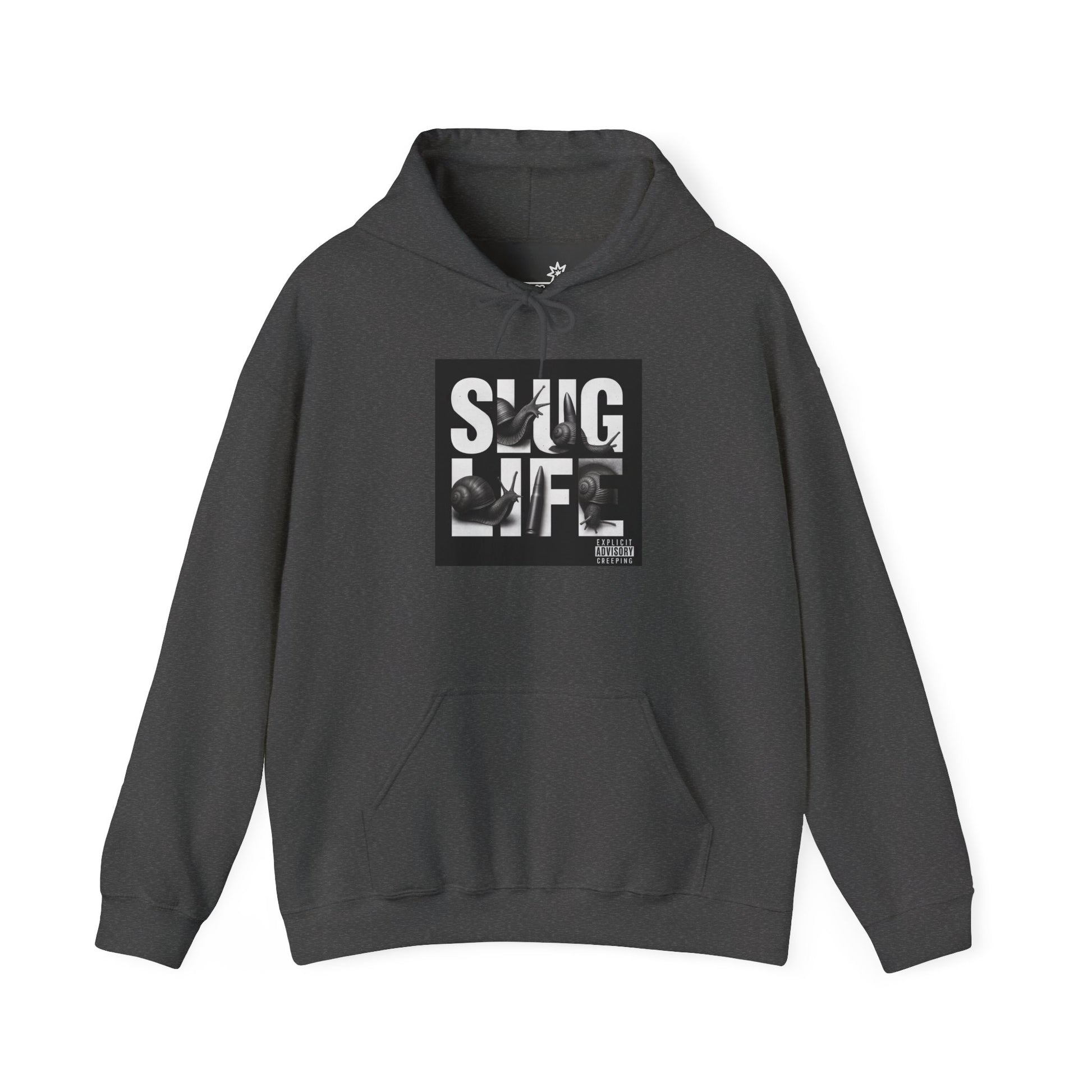 Gray hoodie with 'SLUG LIFE' graphic on a white background