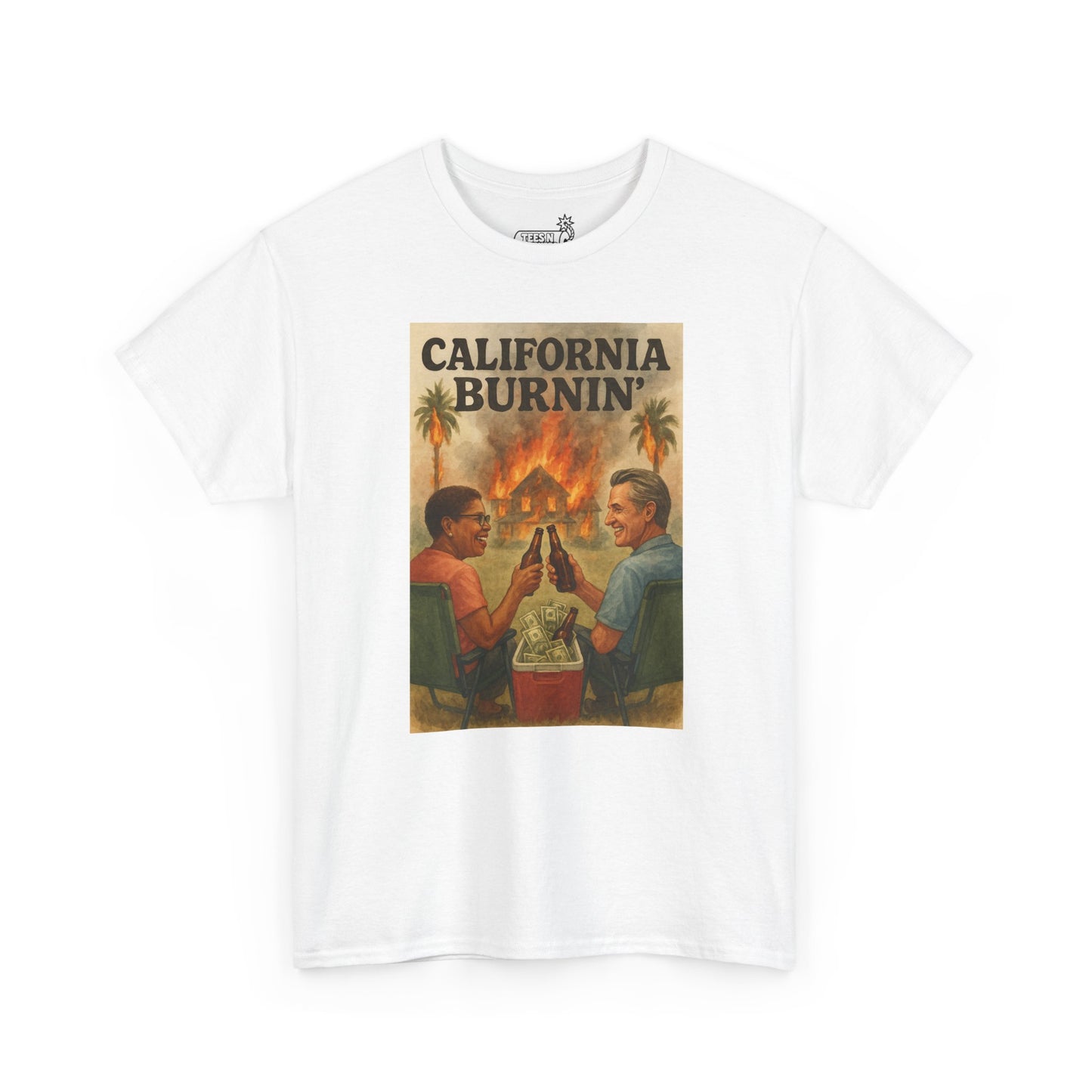 White t-shirt with a graphic of Karen Bass and Gavin Newsom in front of burning house and 'California Burnin' text on a white background.