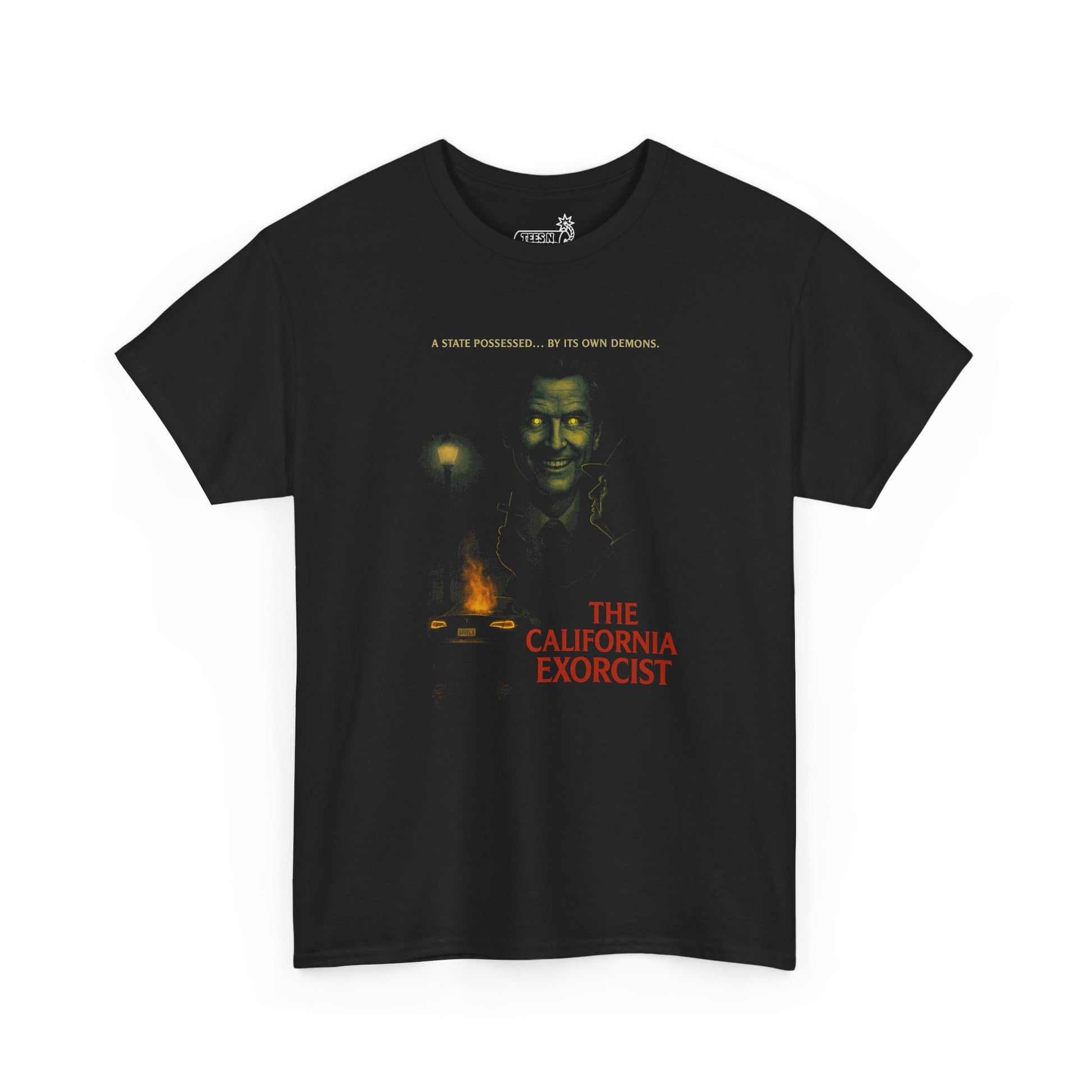 Black t-shirt with ‘California Exorcist’ text and  Gavin Newsom demon and burning Tesla and Trump