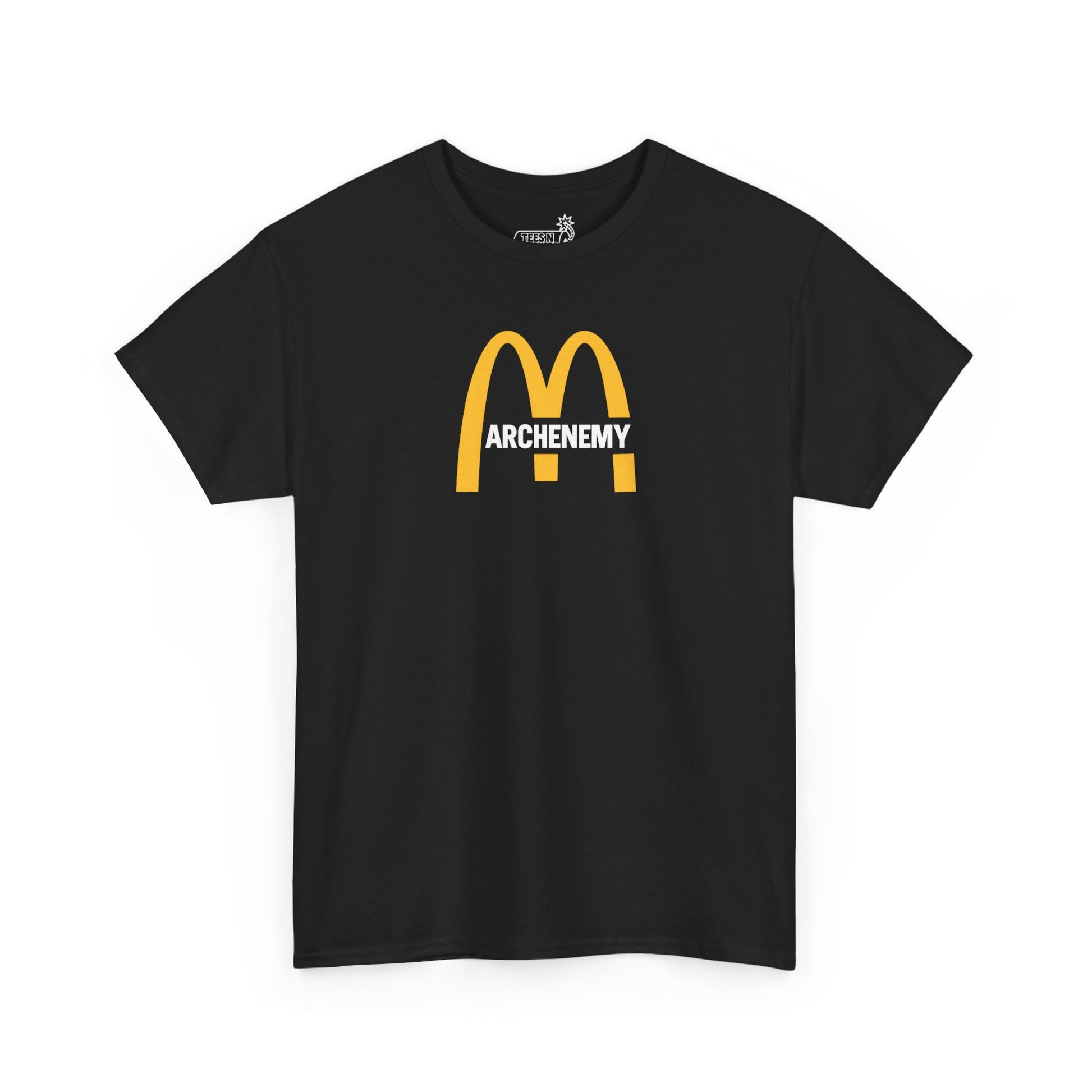 Black t-shirt with yellow Golden Arches and ‘Archenemy’ text on white background