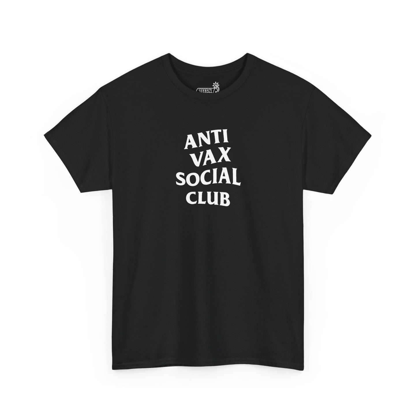 Black t-shirt with ‘Anti Vax Social Club’ white text