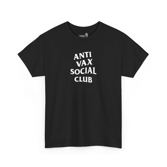 Black t-shirt with ‘Anti Vax Social Club’ white text