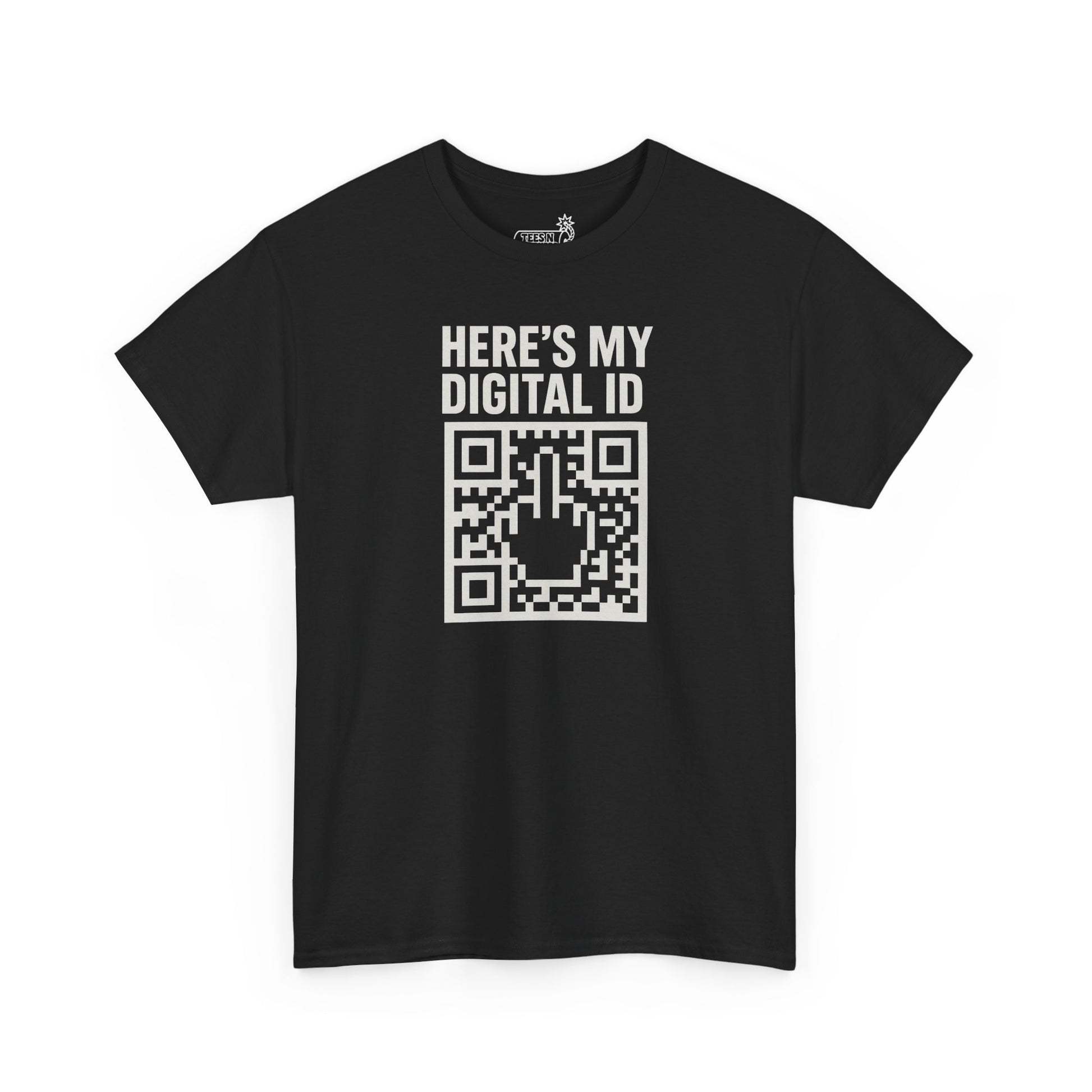 Black t-shirt with 'Here's my digital ID' text and QR code with hidden middle finger on a white background