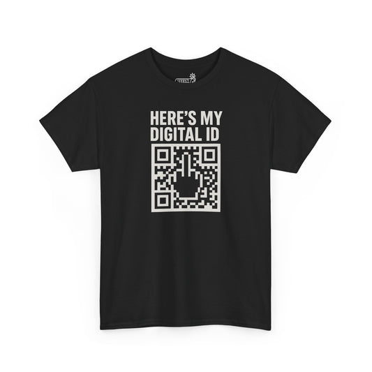 Black t-shirt with 'Here's my digital ID' text and QR code with hidden middle finger on a white background