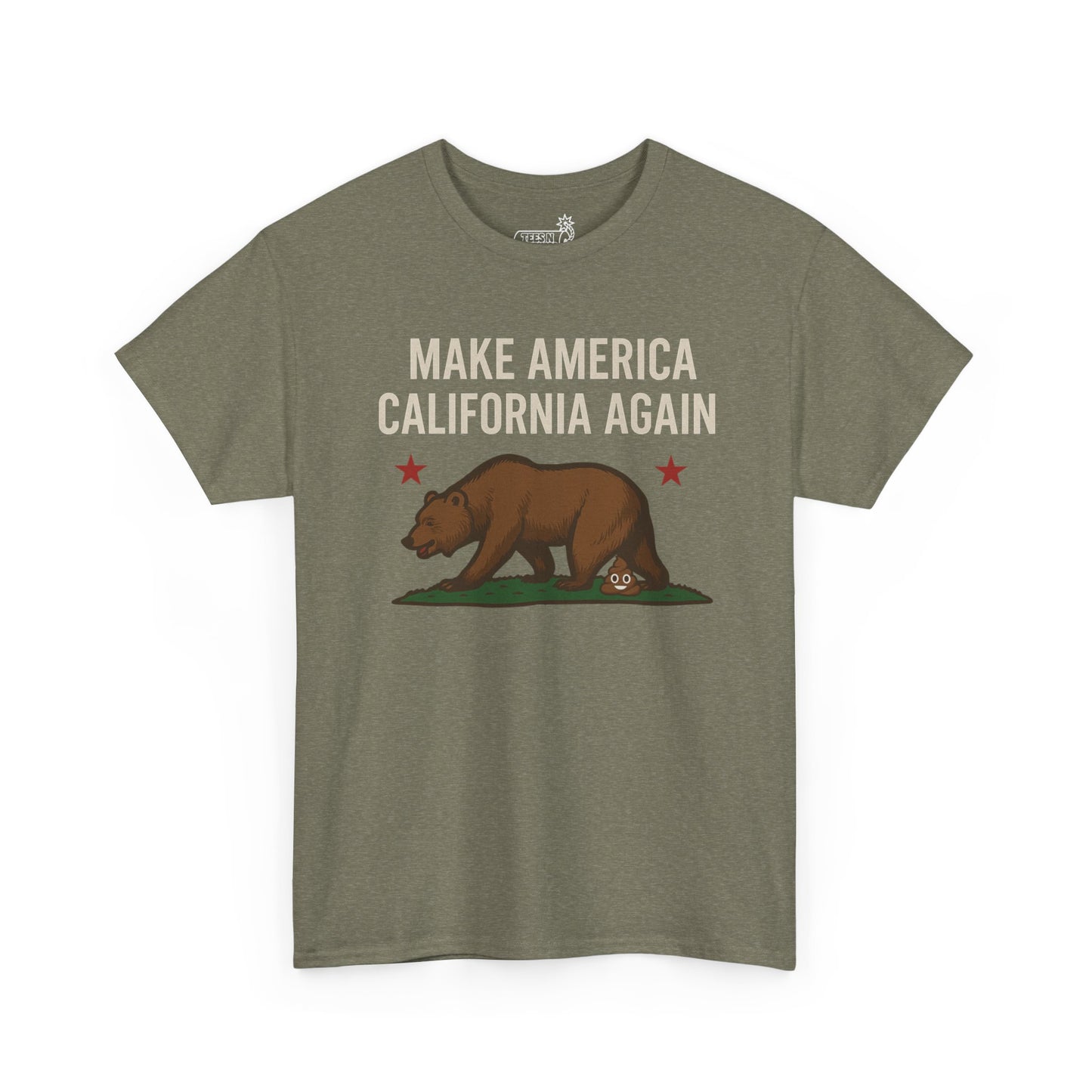 Light green  t-shirt with ‘Make America California Again’ text and California bear and poop emoji