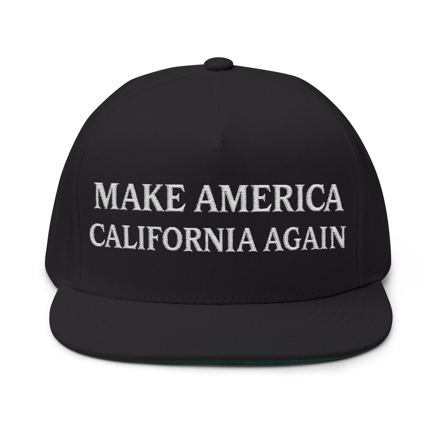 Black cap with 'MAKE AMERICA CALIFORNIA AGAIN' text on a white background