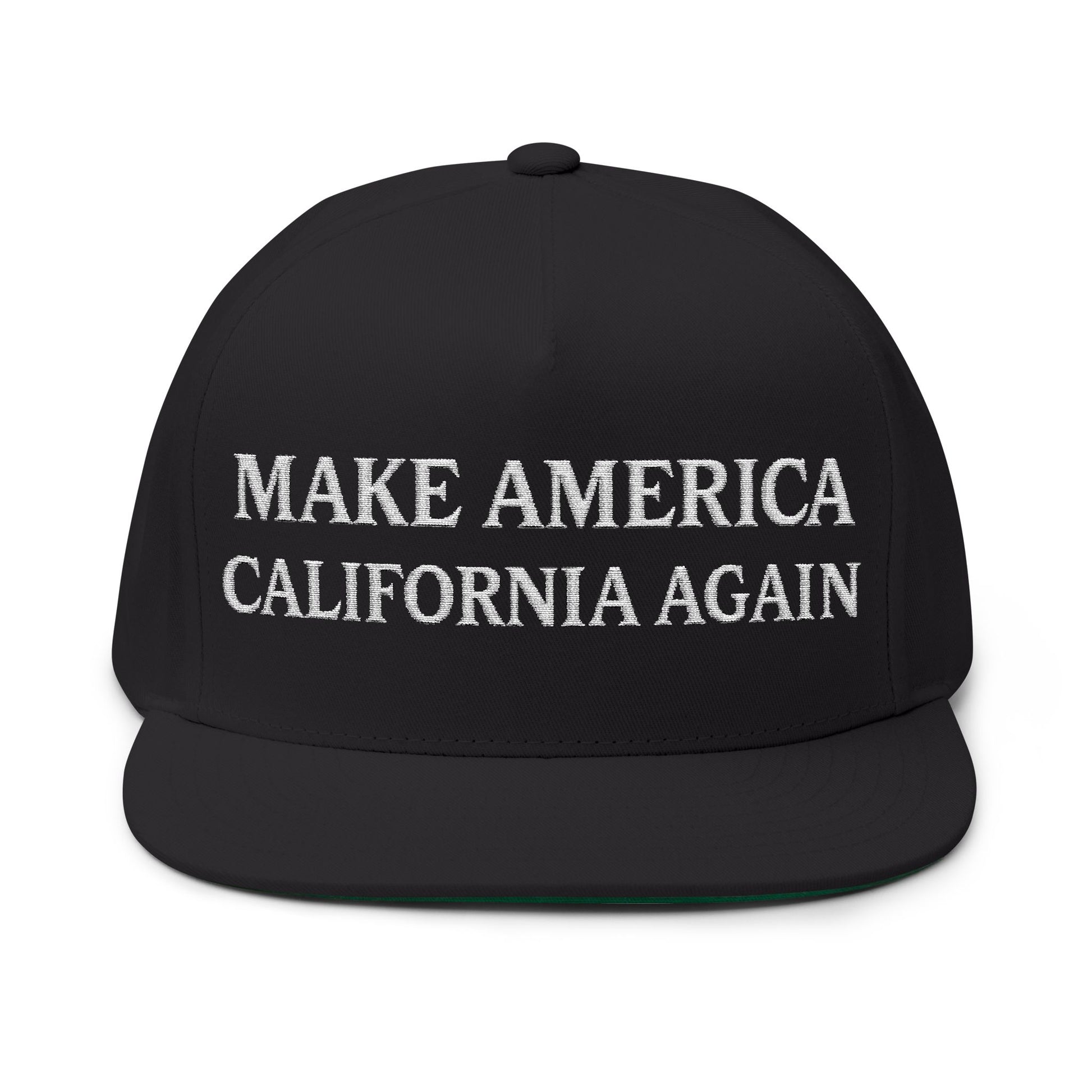 Black cap with 'MAKE AMERICA CALIFORNIA AGAIN' text on a white background