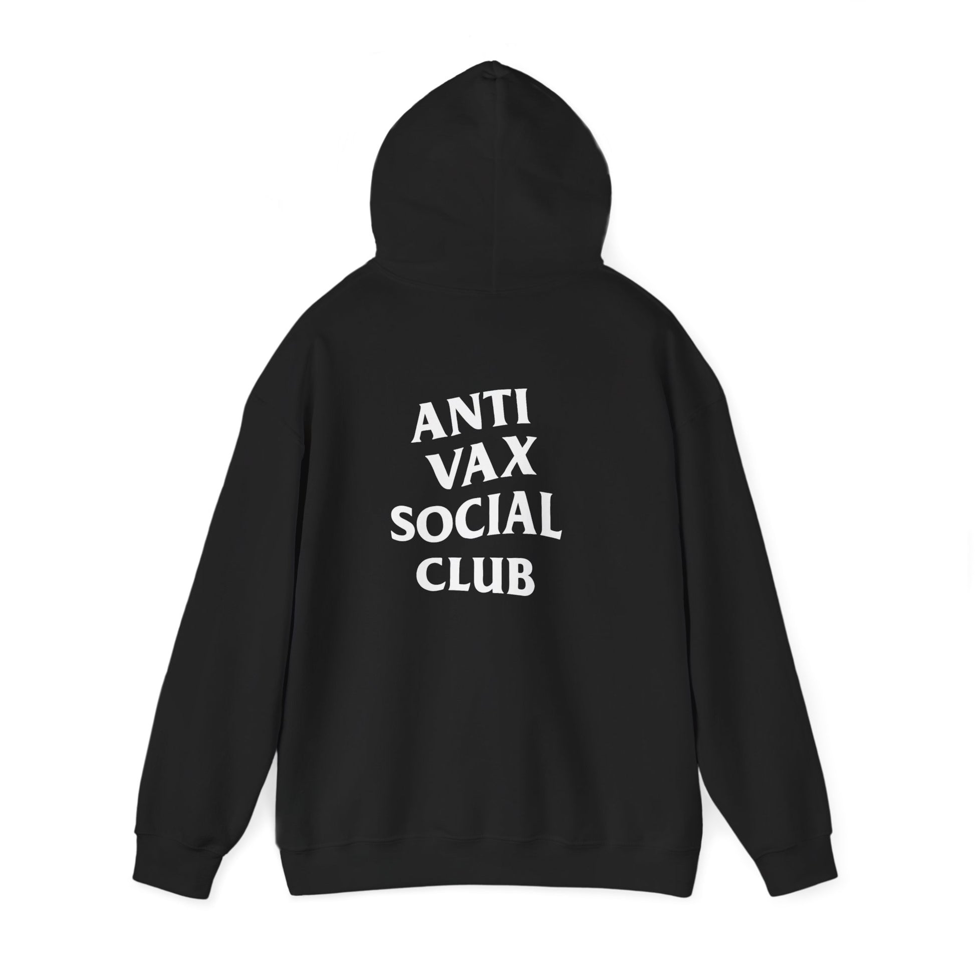 Full length of Black hoodie with 'ANTI VAX SOCIAL CLUB' text on the back against a white background