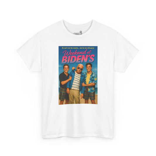 White t-shirt with 'Weekend at Biden's' graphic featuring Sleepy Joe Biden being held up by two men on white background