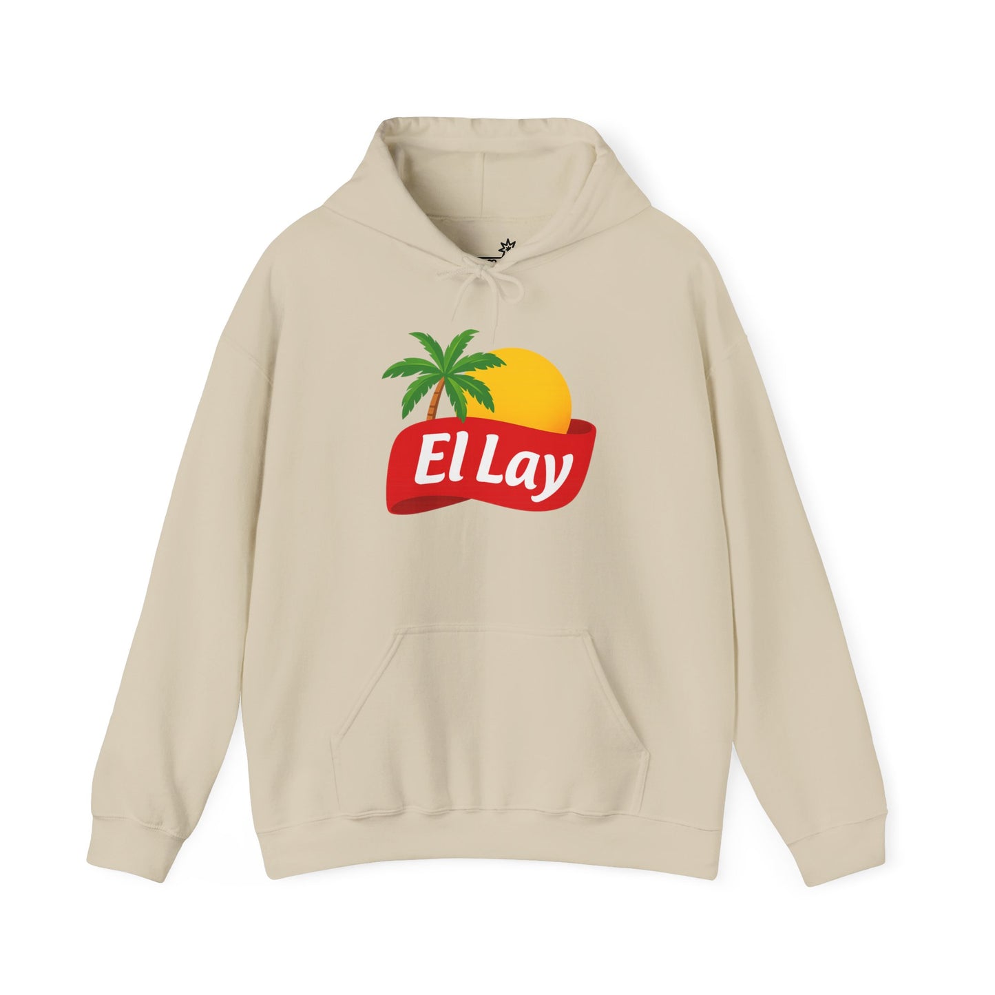 Sand hoodie with ‘El Lay’ logo and sun and palm tree