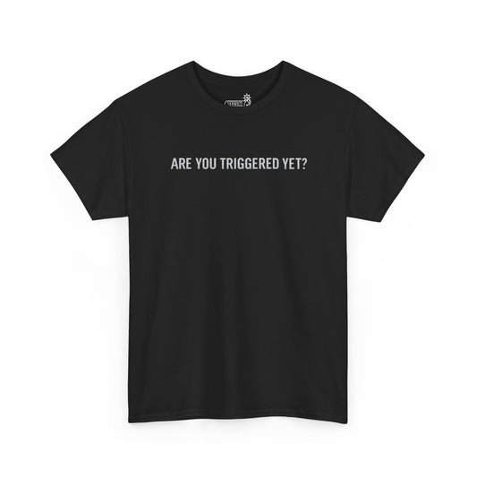 Black t-shirt with white text 'ARE YOU TRIGGERED YET?' on a white background