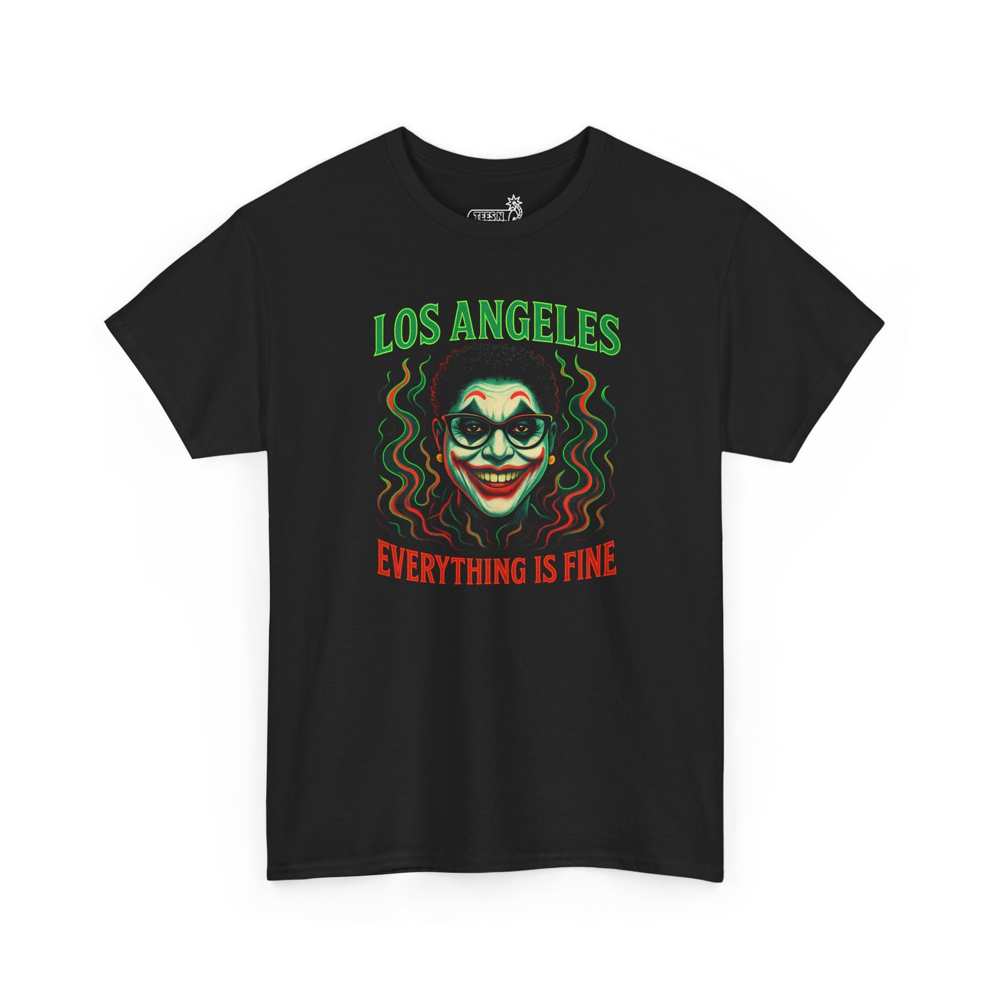 Black t-shirt with flaming Joker graphic of Mayor Karen Bass and 'Los Angeles Everything is Fine' text on a black background