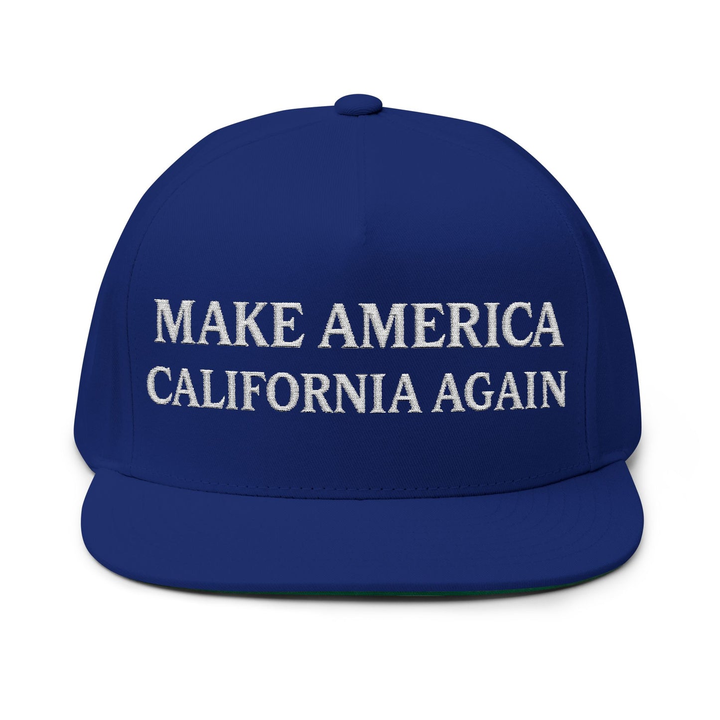 Blue cap with 'MAKE AMERICA CALIFORNIA AGAIN' text on a white background