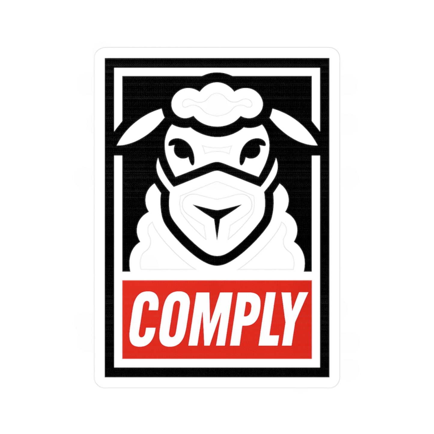 Stencil graphic of sheep head wearing Covid mask and 'COMPLY' text on a white background