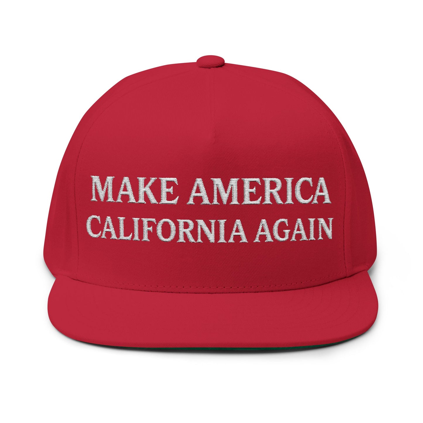 Red cap with 'MAKE AMERICA CALIFORNIA AGAIN' text on a white background