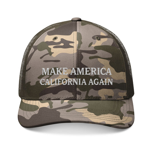 Camouflage trucker hat with 'MAKE AMERICA CALIFORNIA AGAIN' text on a white background